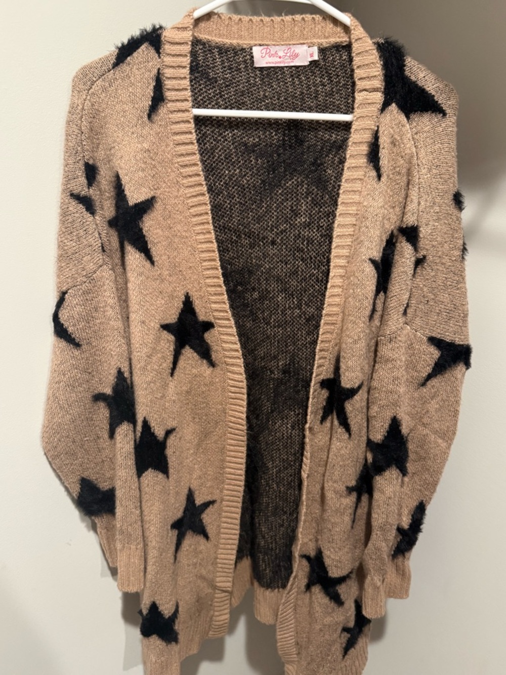 Pink Lily Taupe Star-Print Open Cardigan Sweater